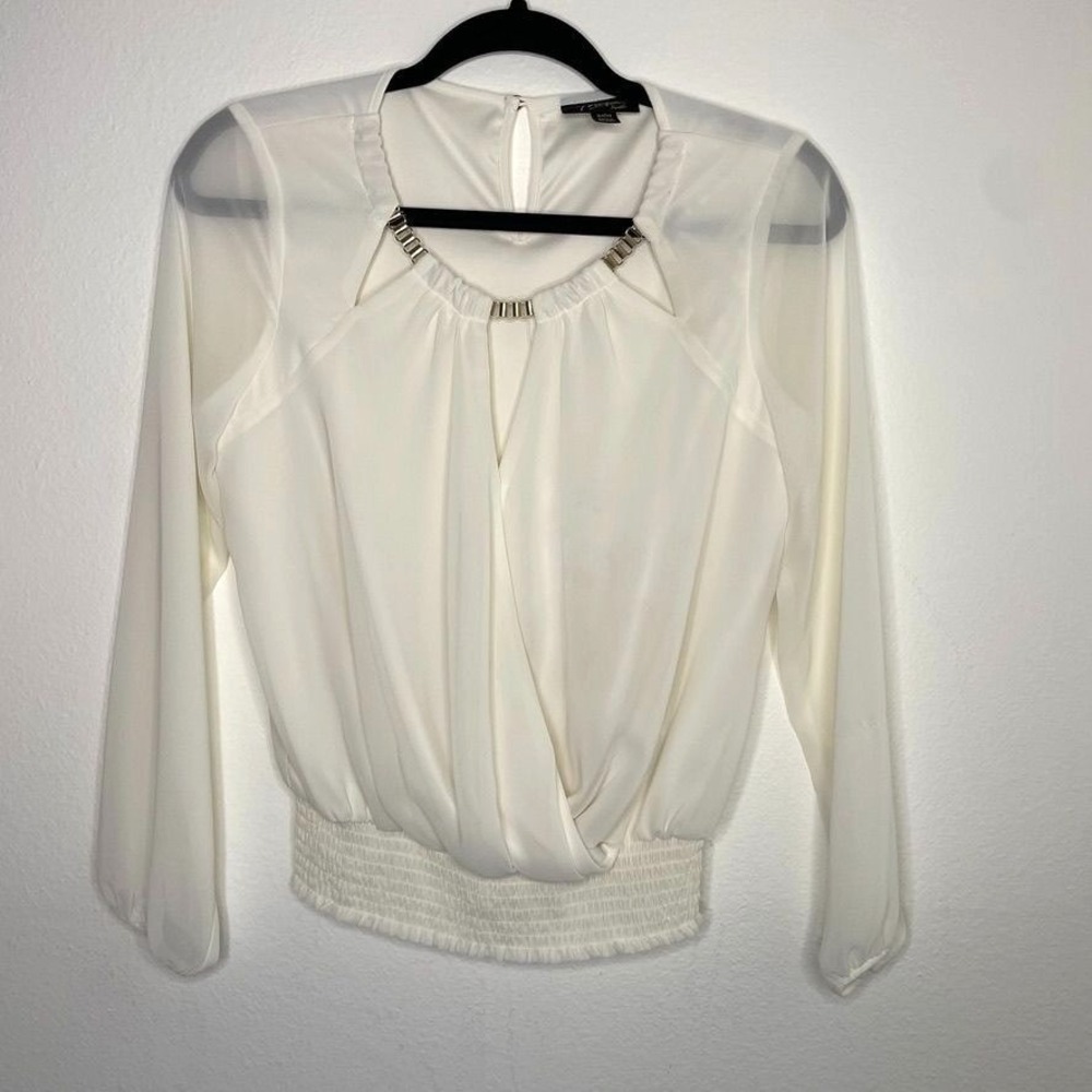Thalia Sodi Blouse Women Small Ivory Smocked Gold Hardware Sheer Sleeve Wrap Top
